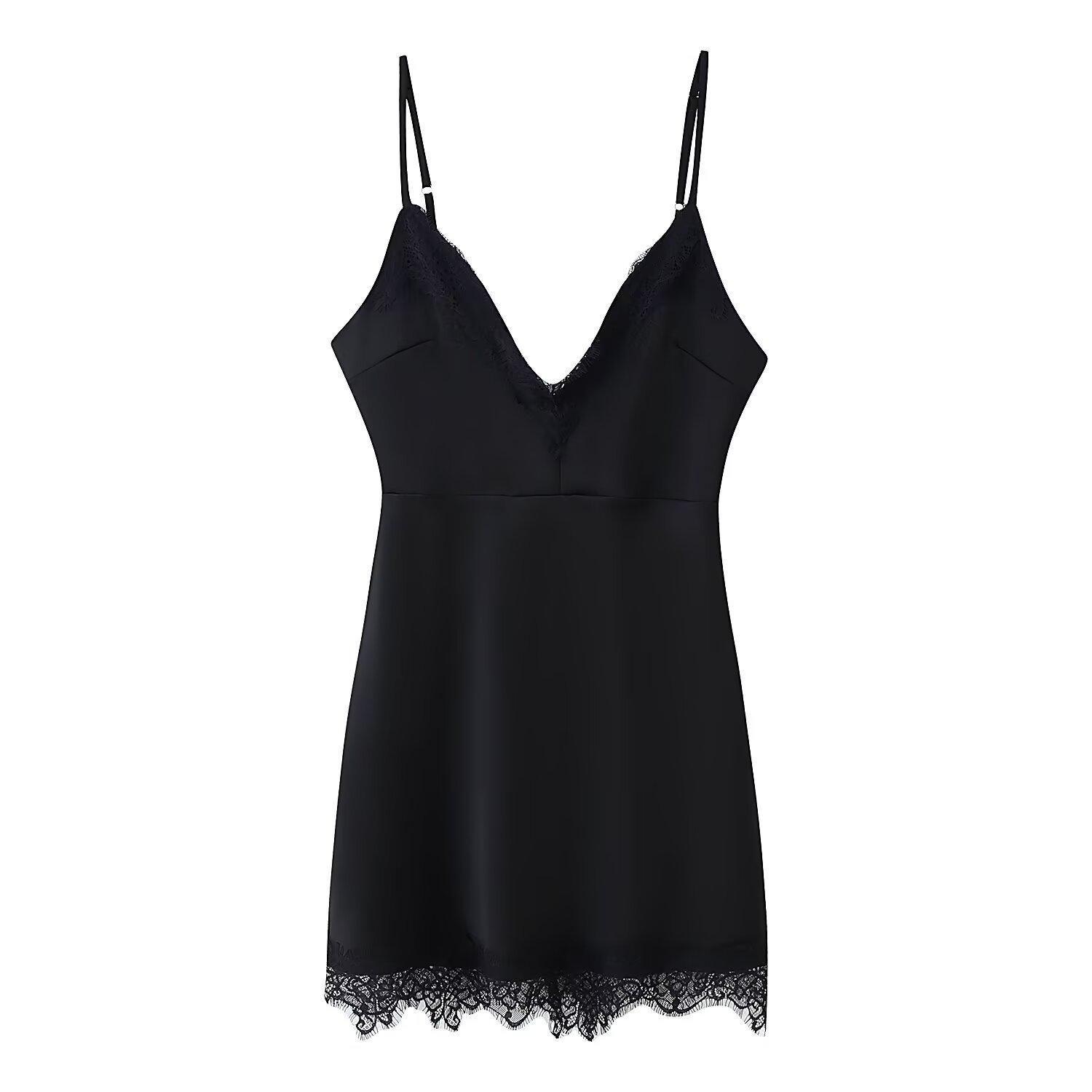 European & American Women s Sexy V-Neck Slimming Lace Camisole Short Dress Small чёрный
