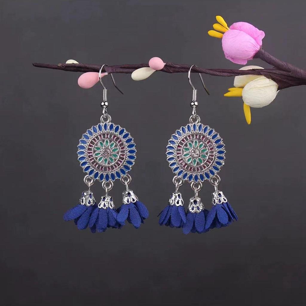 Bohemian Turquoise Owl Dream Catcher Tassel Earrings for Women