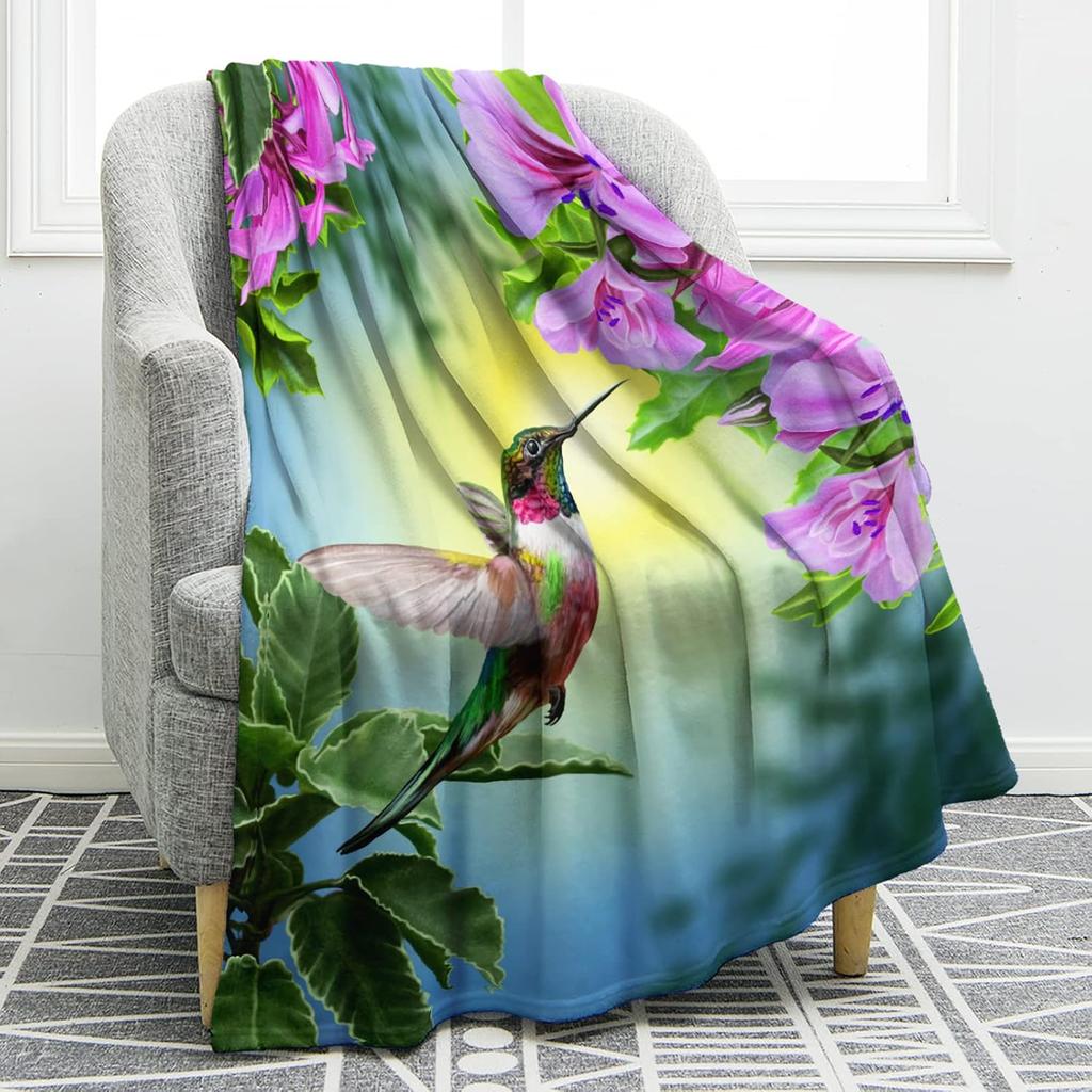 Blue Bird Pink Peach Flower Retro Printed Flannel Blanket Soft Throw Blanket for Bed Living Room Couch Sofa King Queen Size Warm