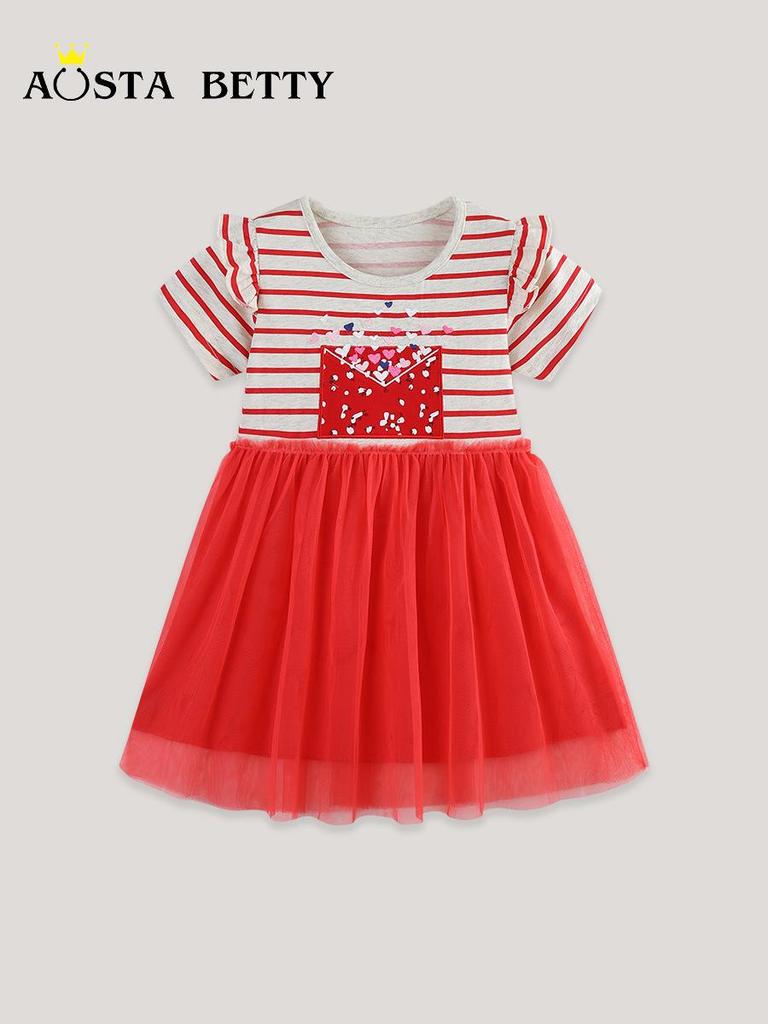 New Summer Striped Mesh Embroidered Princess Dress for Girls: European Style, Cute and Long