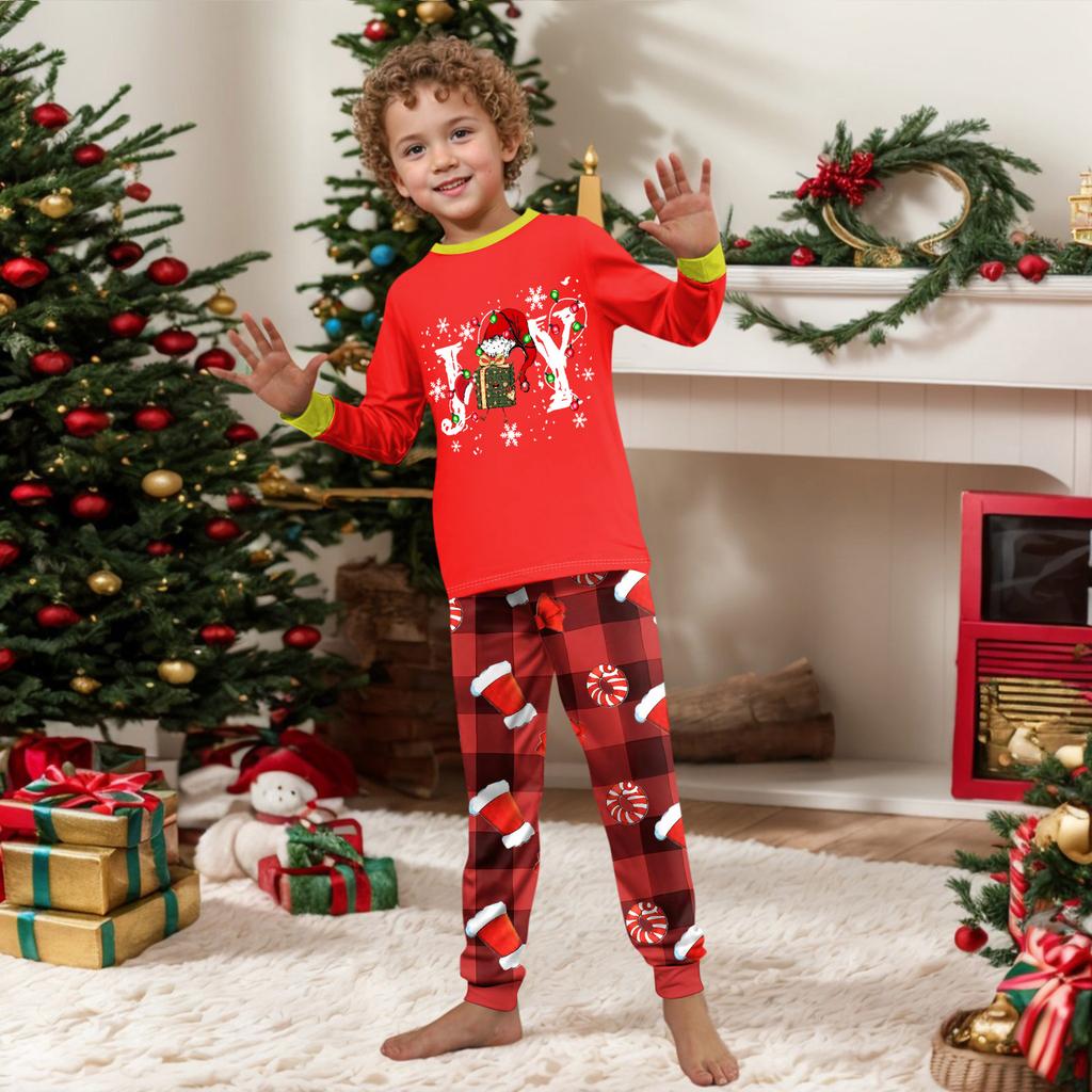 Christmas Printed Family Matching Pajama Set Long Sleeve Neck Top and Pants for Parents and Kids