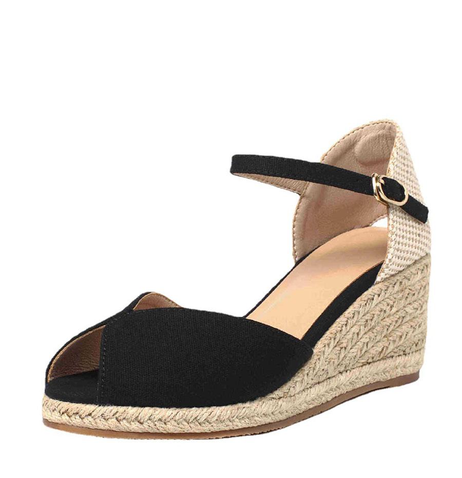 

Elegance canvas wedges peep toe sandals shoes women espadrilles heel pumps rope outsole comfort csaual sandals party 41 чёрный
