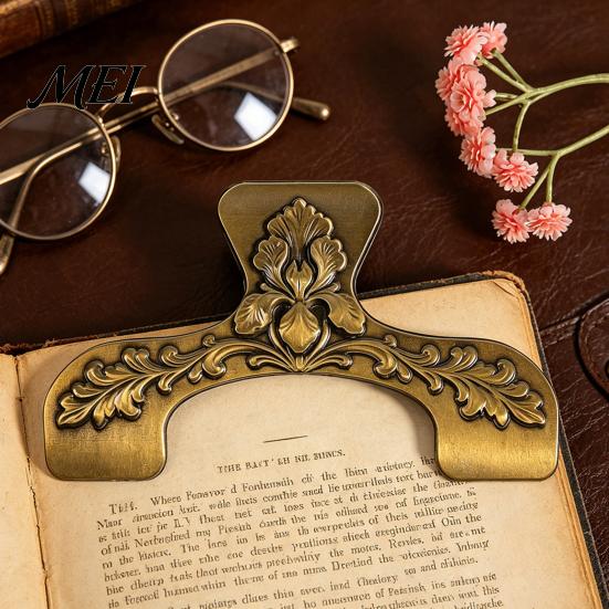 Rustic Desk Decor for Readers Vintage Metal Book Page Holder, with Floral Pattern Design, Hands Free Durable Holder Textbooks Clip, Zinc Alloy