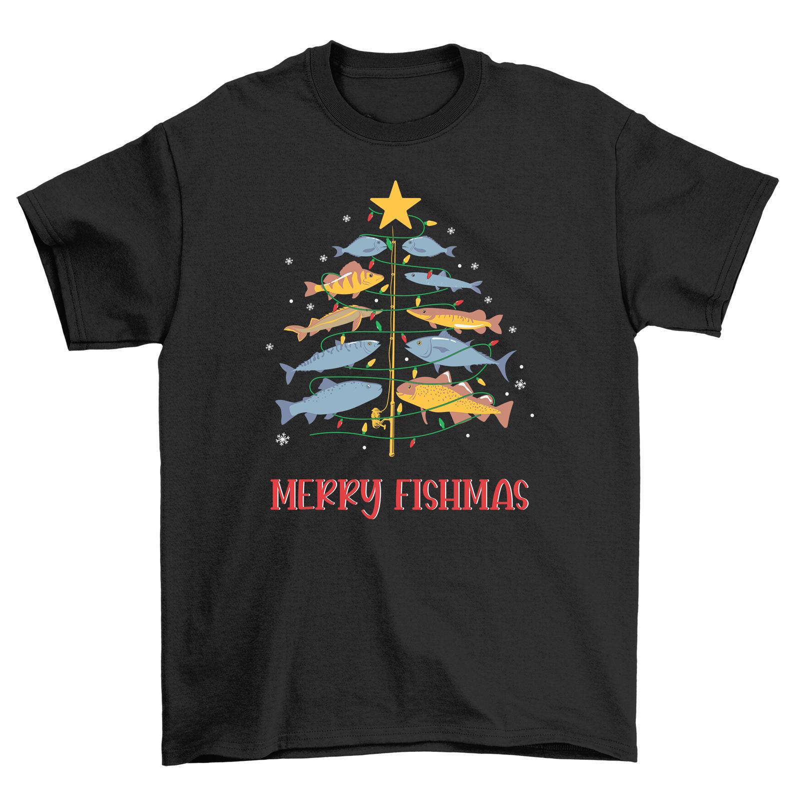 Merry Fishmas   21-1130-21-Pe cgine   T-Shirt Mens Womens Tees Top - Funny Christmas Fish Tree Design - L