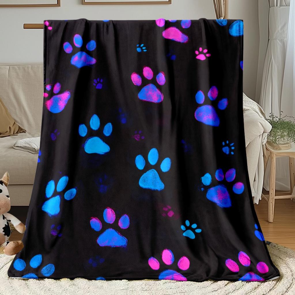 Neon Glow-in-the-Dark Paw Print Blanket | Soft Flannel All-Season Lightweight Throw for Bed, Sofa, Travel, Mixed Color, Contemporary Style W