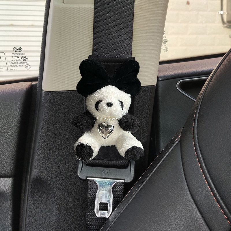 Short Cartoon Panda Car Safety Belt Shoulder Pad Cover Cute Teddy Soft Car Safty Belt Cover Car Interior Ornaments