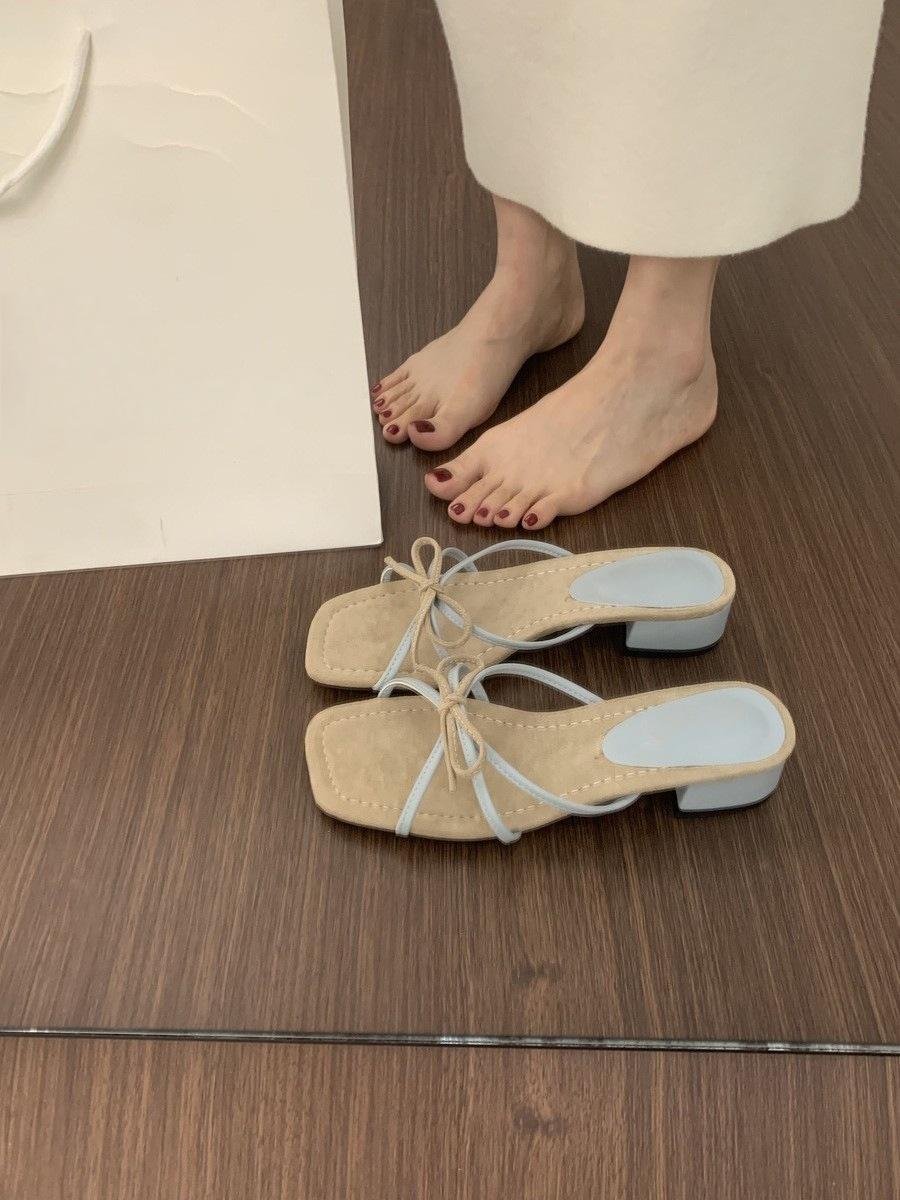 

French bow with skirt fairy style thick heel cool slippers women wear summer not tired feet low heel beautiful sandals 35