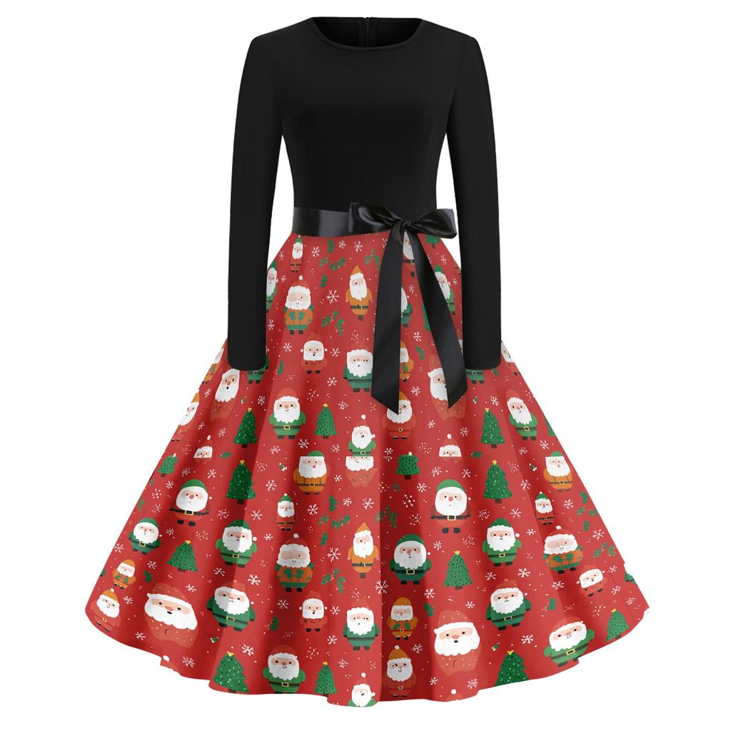 Women's Casual Fashion Round Neck Christmas Printed Vintage Dress