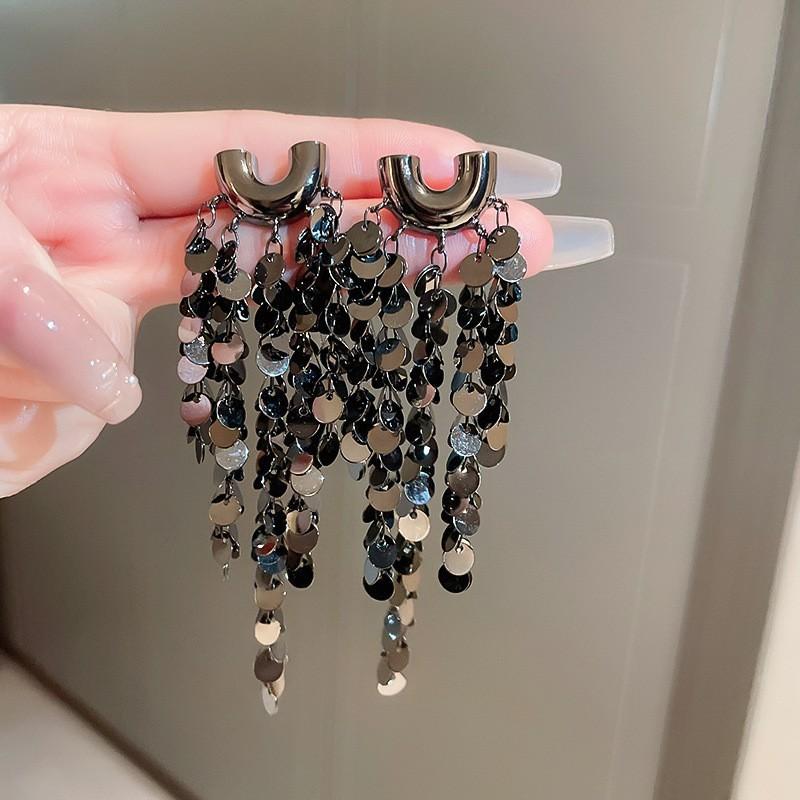 Silver Needle Diamond Fringed Metal Earrings European and American Fashion Long Earrings Light Luxury Personality Design Earrings Women