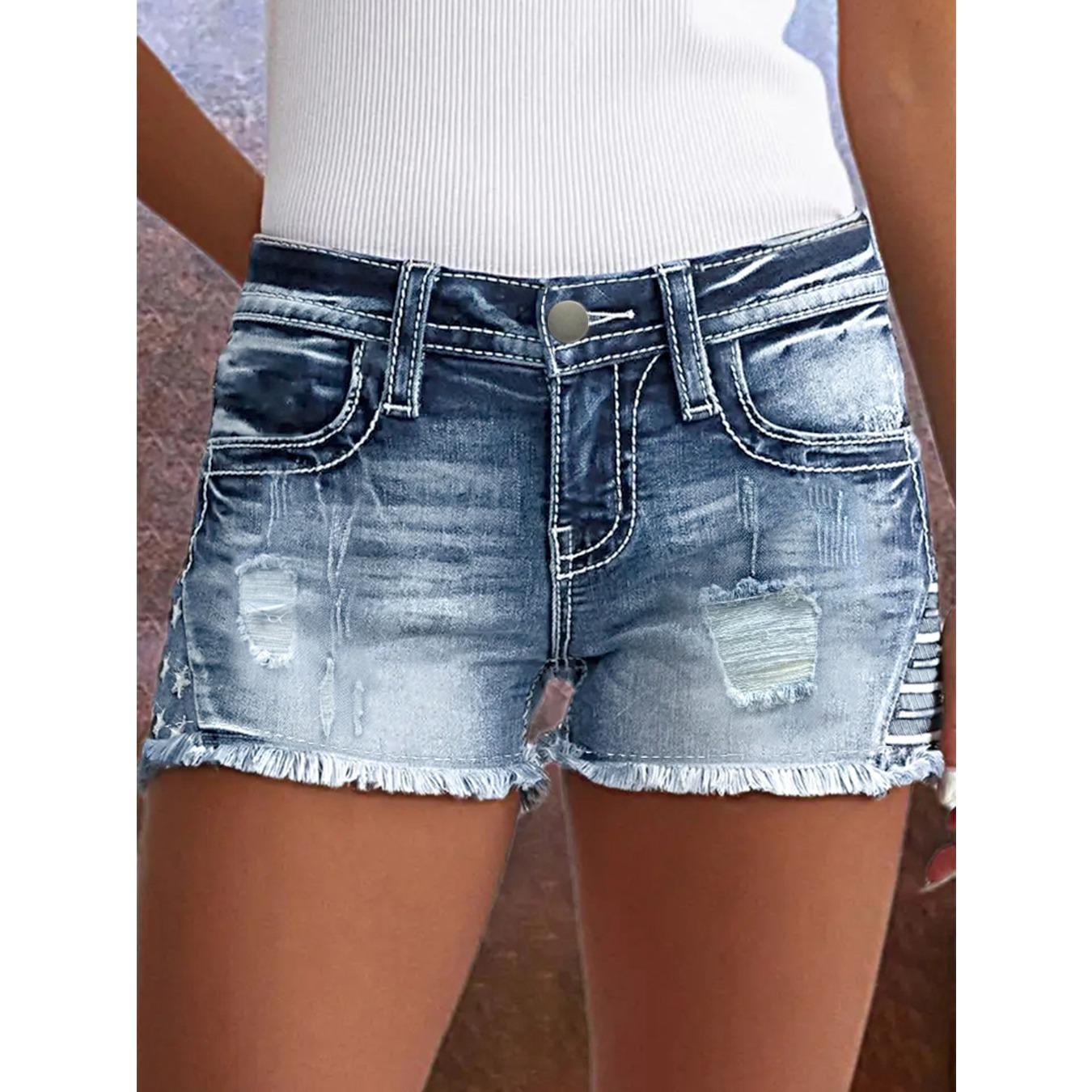 

GMXIA женские рваные джинсовые шорты стрейч узкие джинсы вышитые джинсовые шорты женские M тёмно-синий