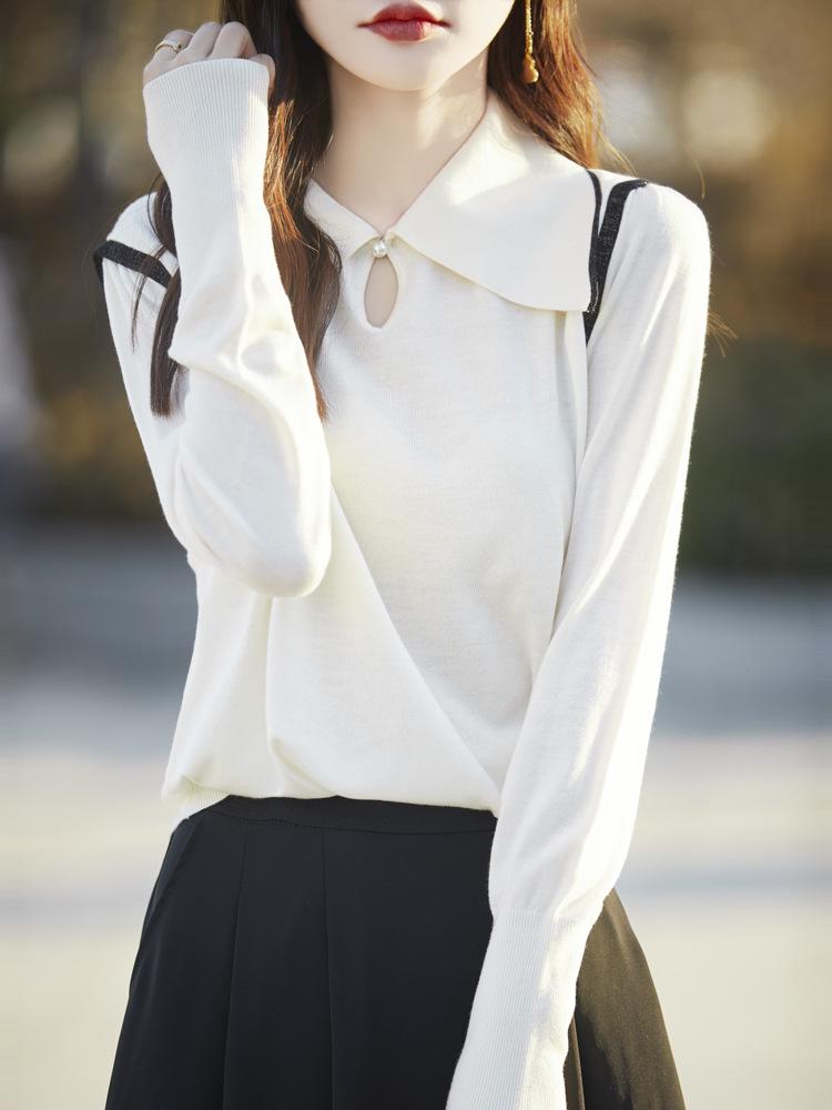 

Французский шерстяной свитер колор-блок с отложным воротником: Тонкий трикотажный пуловер для похудения на раннюю весну 2025 года для женщин Large жемчужина белый