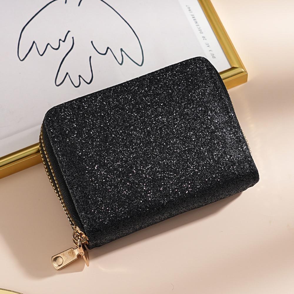 

Portable Mini Size PU Wallet Starry Shiny Solid Color Credit Card Holder Multi-card Slot Double Zipper Coin Purse for Women