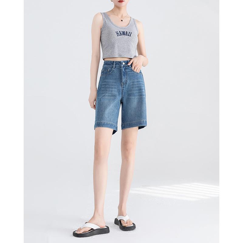 

Удобные эластичные джинсовые шорты с четырехсторонней эластичностью для женщин. Летние новинки. Эластичные, с высокой посадкой, стройнящие, универсальные прямые шорты до колена. S