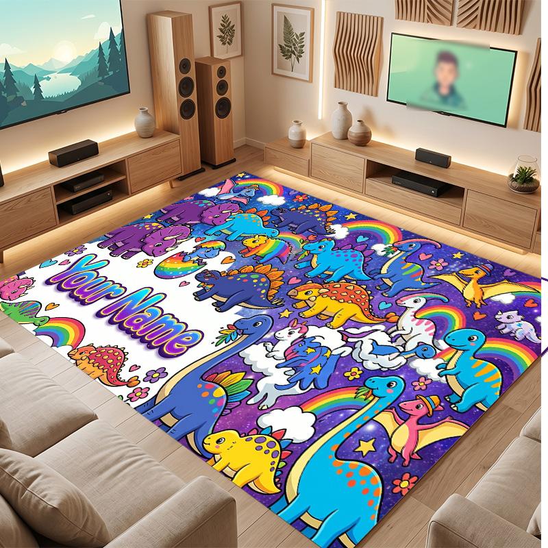 Dinosaur Theme Soft Crystal Velvet Rug Custom Name & Text Print Non Slip Floor Rug for Bedroom Living Room