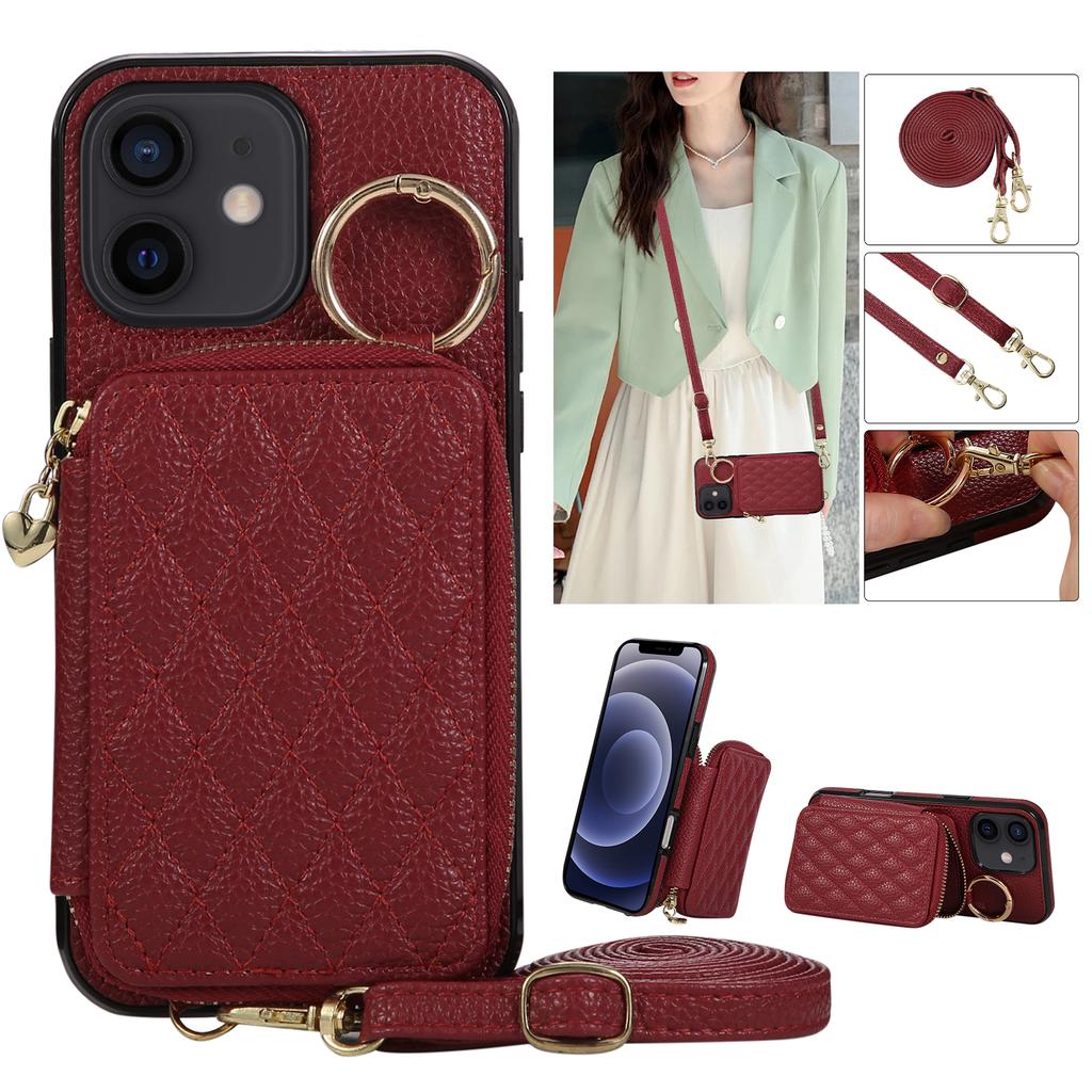 For iPhone 7/8 Plus/XR/Xsmax/11 Pro/12 Mini Fashion Zipper Style Phone Case Wallet Cover with Strap