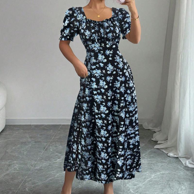 Ruffle Edge Dress Women Puff Sleeves Printed Slim Fit Spring Summer Size S-XXL