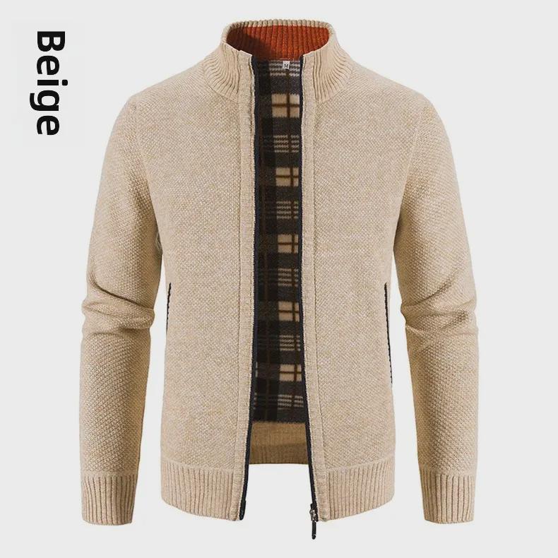 Velvet Thickened Full-Zip Cardigan Sweater with Stand Collar - Large Size, Perfect for Autumn and Winter Warmth