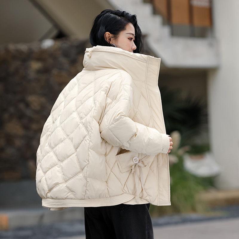 Rhombus short down jacket women's 2024 winter fashion retro white duck down thickened small stand-up collar thin coat