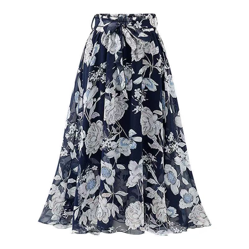 Gonna Sottile Estiva di Media Lunghezza da Donna, Mezza Gonna in Chiffon a Vita Alta, Gonna Svasata a Linea A Floreale da 100 kg con Vita Elastica