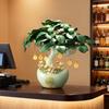 13.8" Chinese Money Tree with Synthetic Jade Base, Artificial Tree Feng Shui Wealth Decor with Golden Fortune Cat, Yuanbao Flower Pot & Coin Pendant