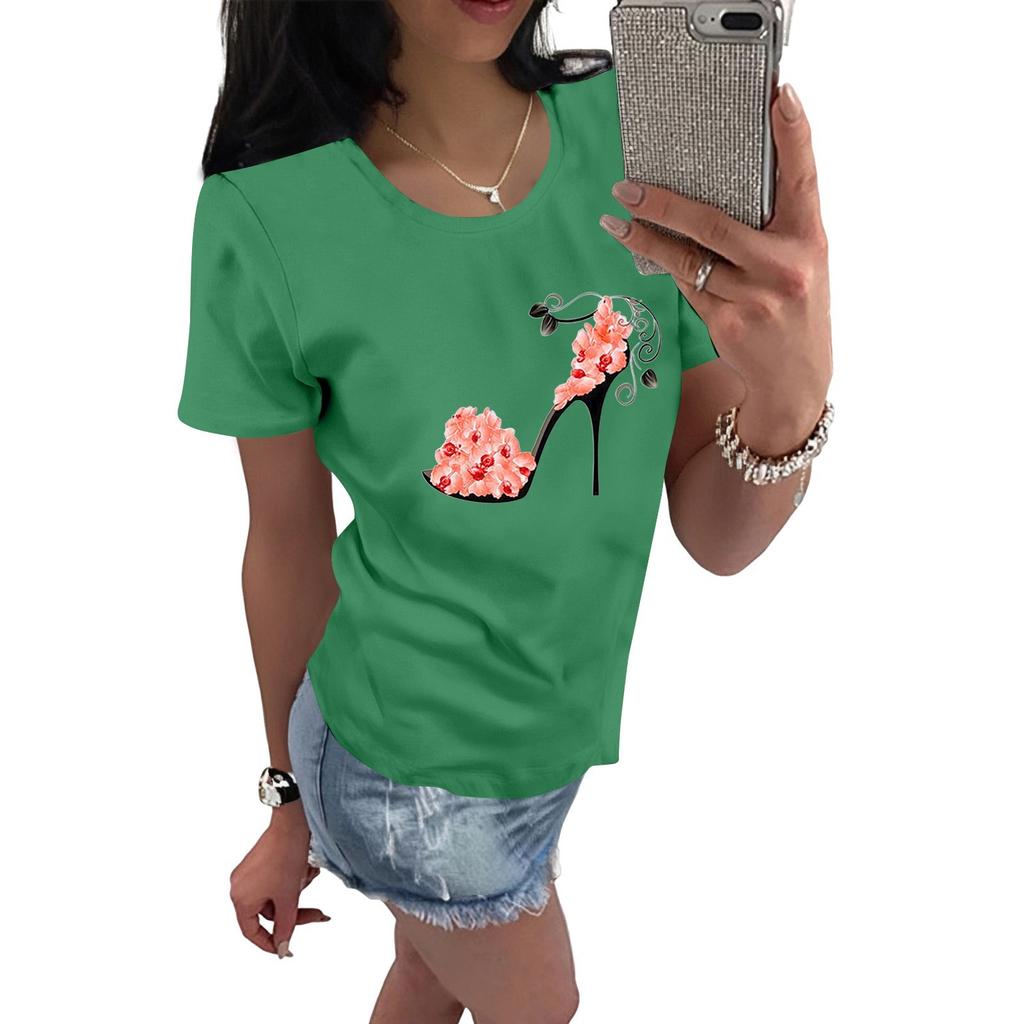 Women's Casual High Heels Floral Print Casual Short-sleeved T-shirt Pullover Round Neck Short-sleeved Top