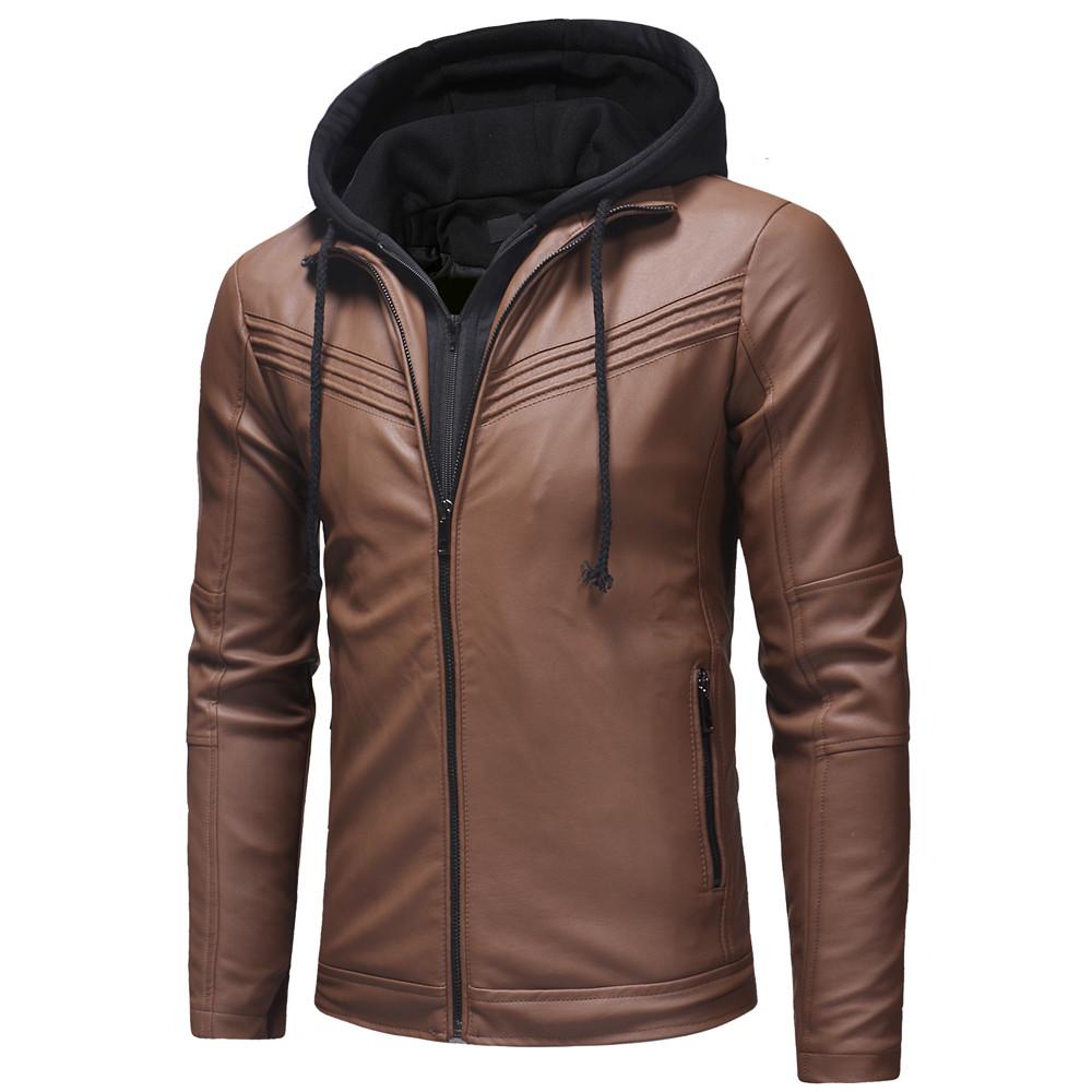 Men's Winter Casual Hooded Leather Zipper Long Sleeve Jacket Coat Tops