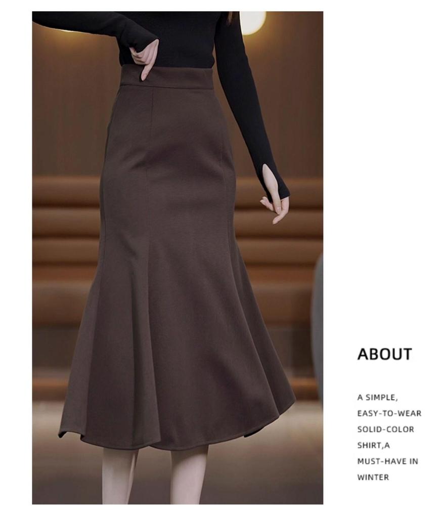 Women's Coffee Wool Mermaid Skirt - Fall/Winter 2025, Irregular Mid-Length, Hip-Hugging Design