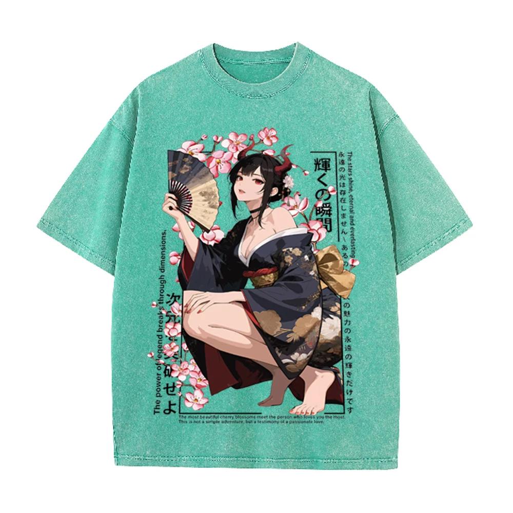 2026vintage Gewaschenes Beige Anime Kimono Mädchen Kirschblüten Grafik T-Shirt Japanischer Stil Druck Übergroß Lässig Kurzarm Tee