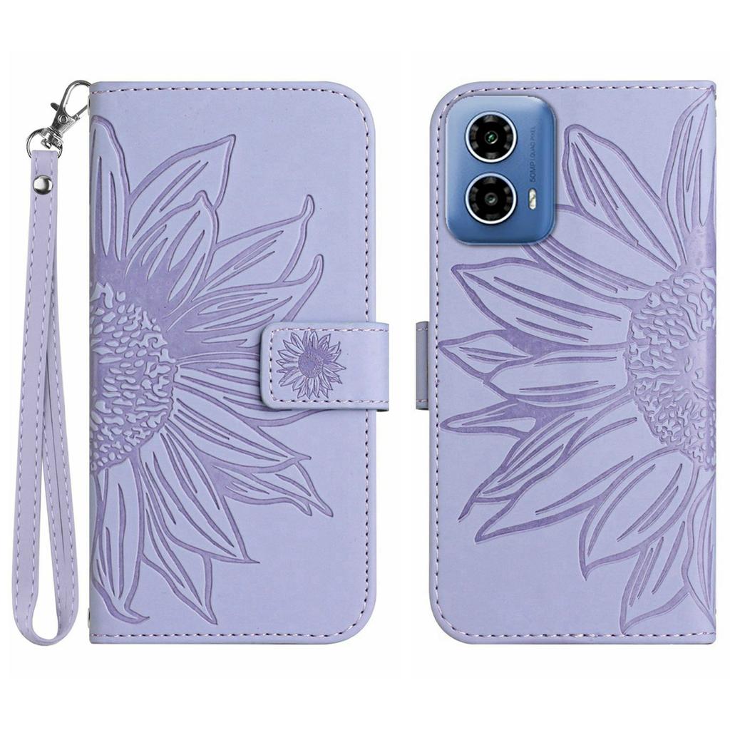 HT04 For Motorola Moto G35 5G Case Sunflower Imprint Leather Wallet Phone Cover with Wrist Strap