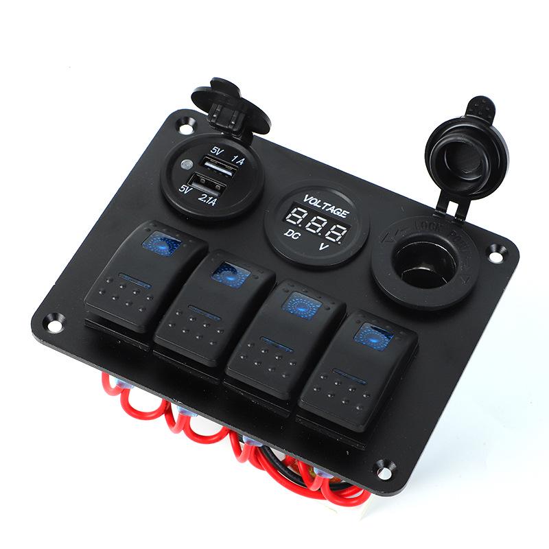 Four-Position Boat Panel with Voltmeter, USB Charger, Cigarette Lighter, LED Display, and Rocker Switch.