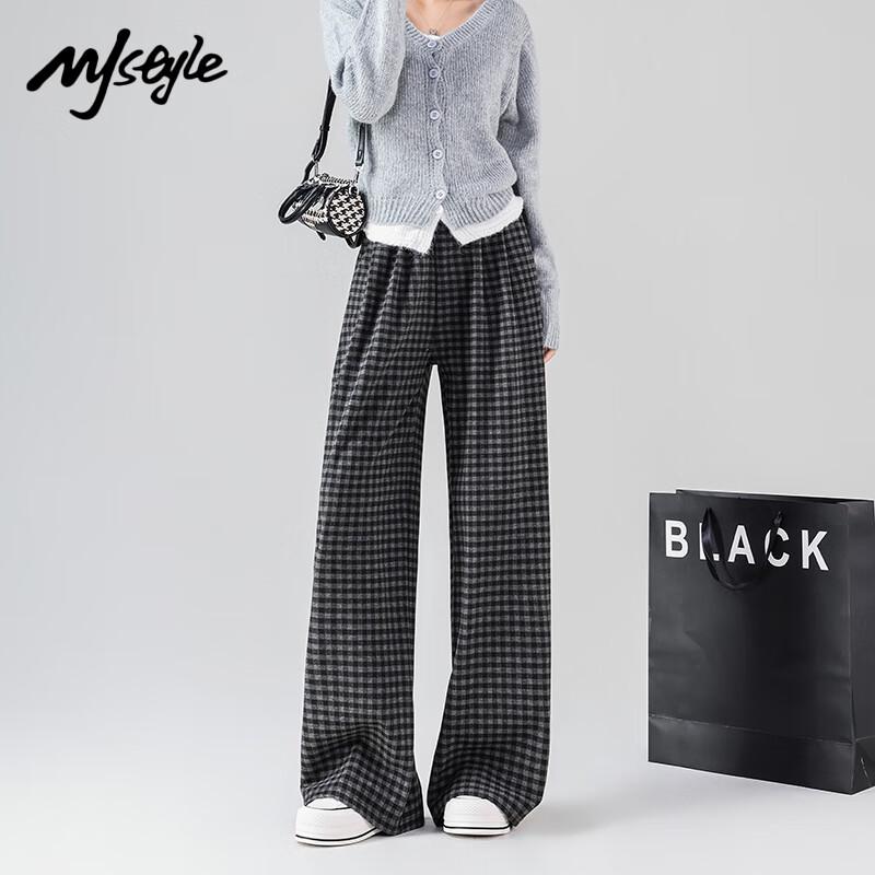 MJ STYLE Women's Retro Plaid Wide-Leg Casual Pants