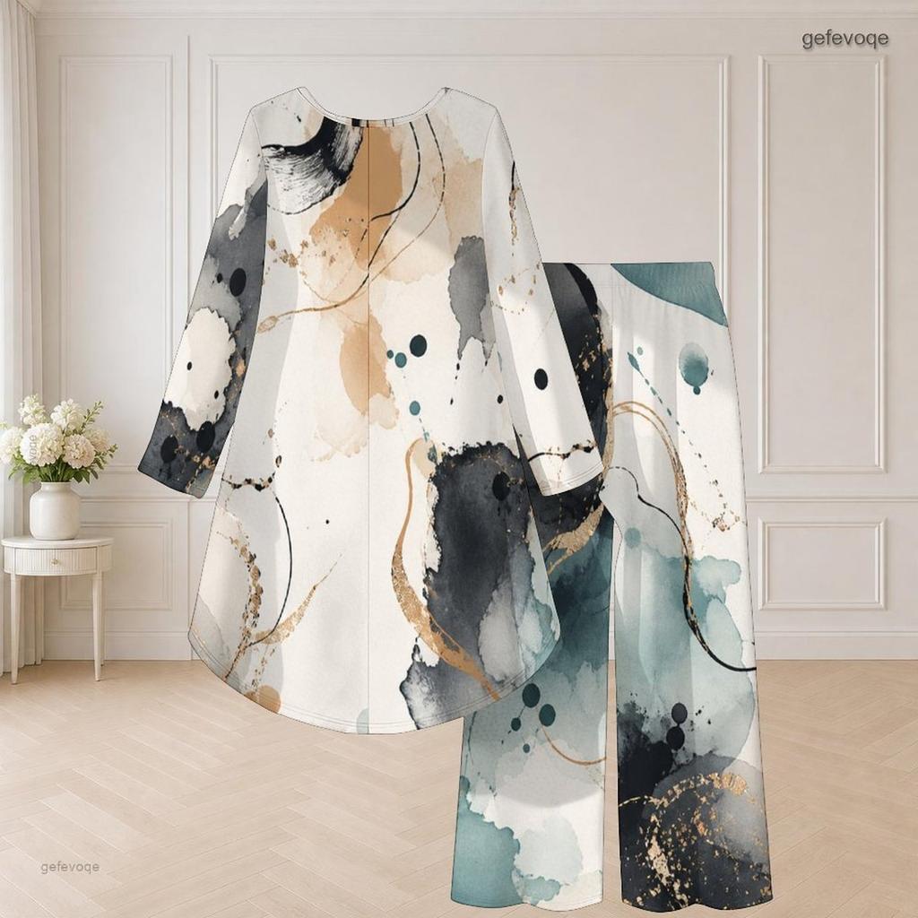 Women Plus Size Round Neck Long Sleeve Printed High Low Top Wide Leg Pants Two Piece Set