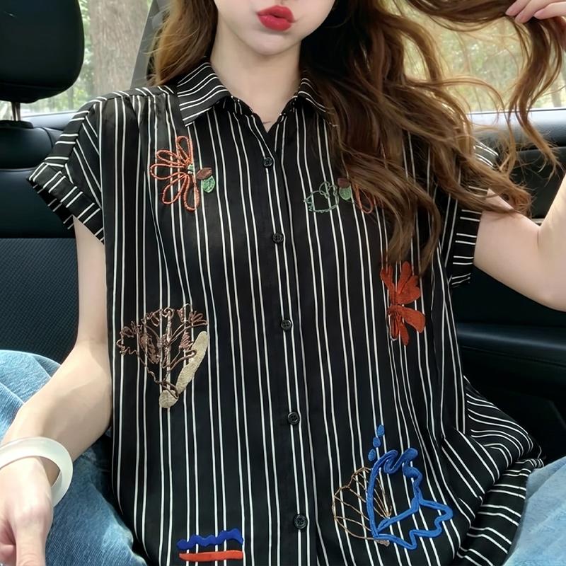 ZANZEA Women Casual Turn Down Collar Loose Short Sleeve Stripe Blouse