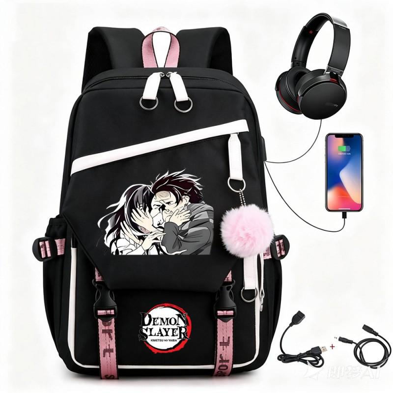 Anime Printed Canvas Backpack With USB Charging Port Teens Students School Travel Unisex