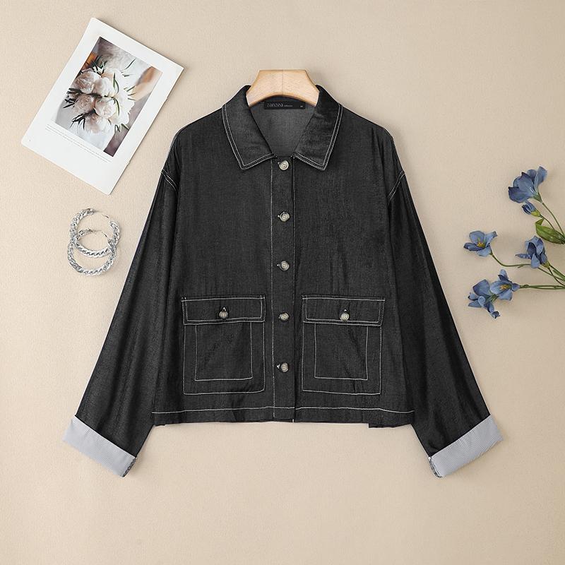 ZANZEA Women Casual Turn Down Collar Loose Long Sleeve Autumn Blouse