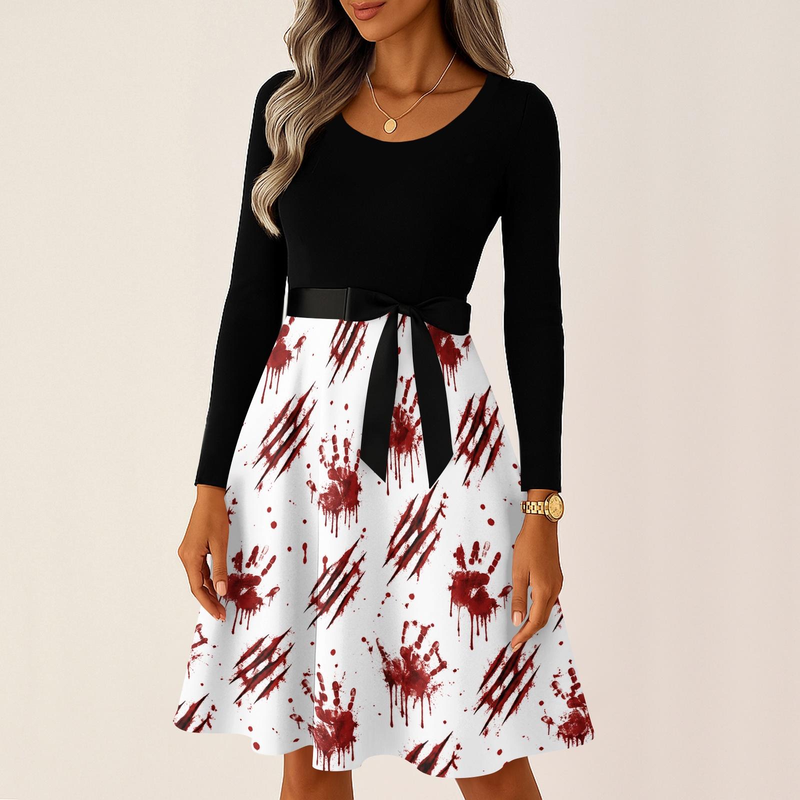 Women s Vintage Halloween Print Long Sleeve Round Neck Dress for Casual S