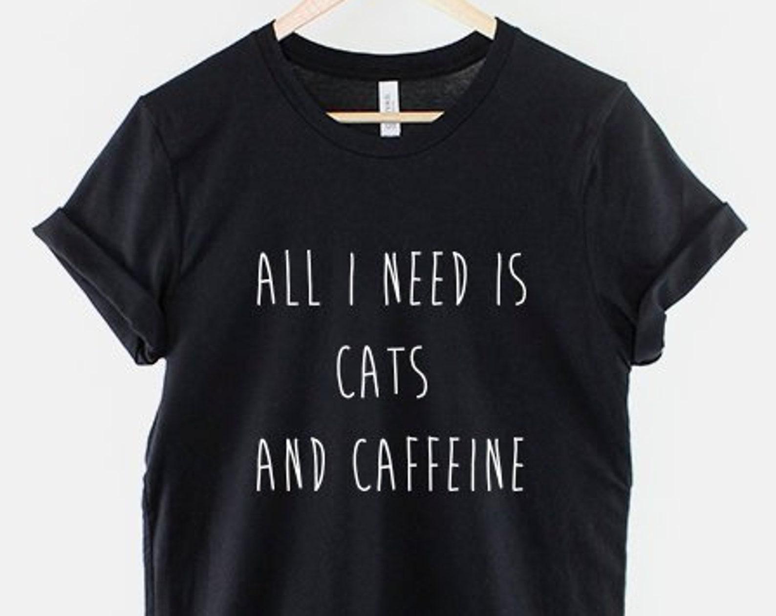 Cats and Caffeine Shirt, Funny Cat Lover Coffee Graphic Tee Gift XL