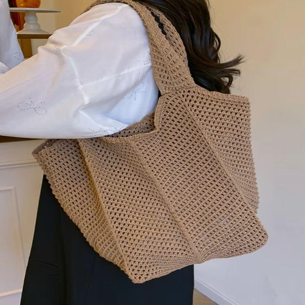 Solid Color Knitting Shoulder Bag Hollow Out Versatile Bohemian Crochet Tote Bag Vintage Elegant Casual Woven Handbag Vacati
