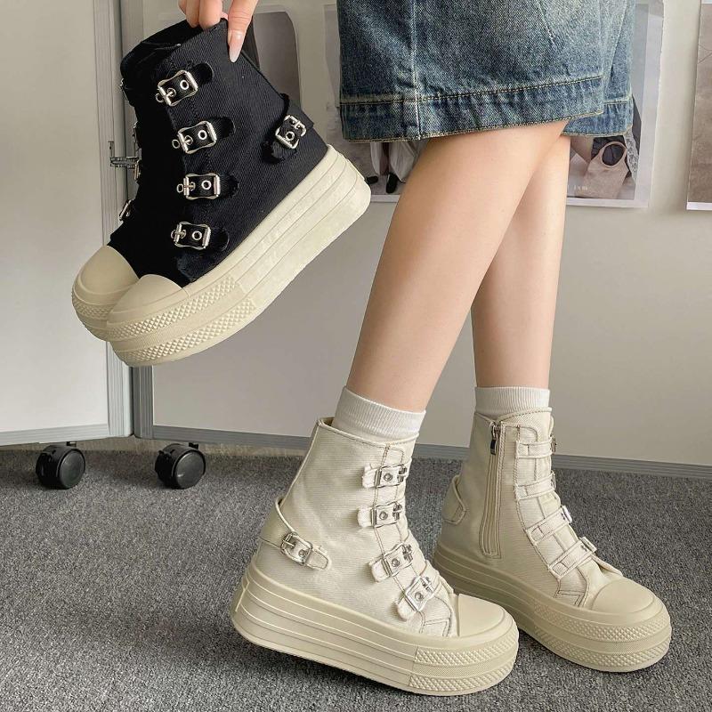 Black Retro High-top Platform Canvas Shoes Women's New Summer Height-increasing Versatile Board Shoes