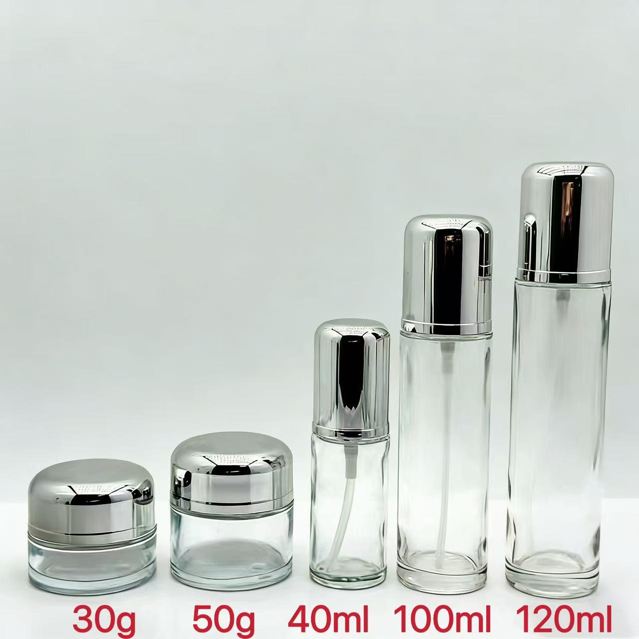 

Sea Fan Cosmetic Set: 100ml Press-Type Essence Bottle & 30g/50g Cream Jar 30g with Lid and Pump + Clear Bottle; Glass