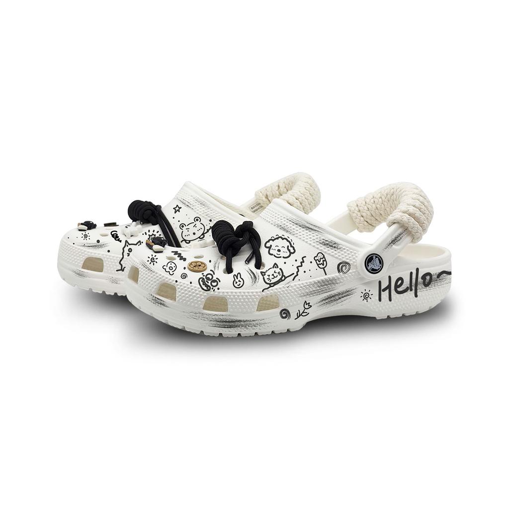 Crocs Classic clog Happy Graffiti EVA Fashion Street Hip Hop Hole Shoes Unisex White