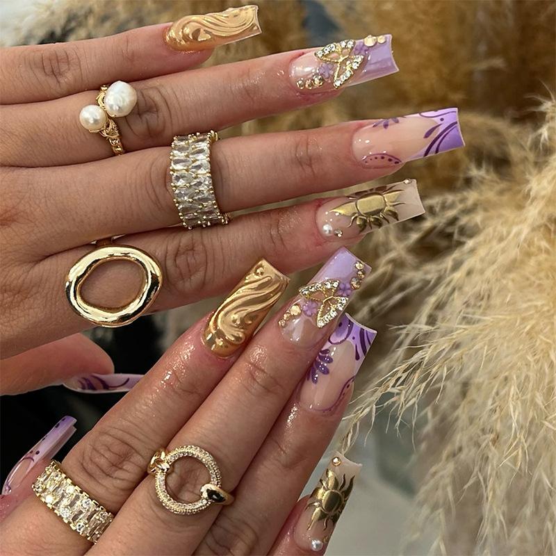 Popular European & American press on nails, long water pipe, gold-purple leopard print, diamond butterflies. 24pcs finished false nails for wholesale.