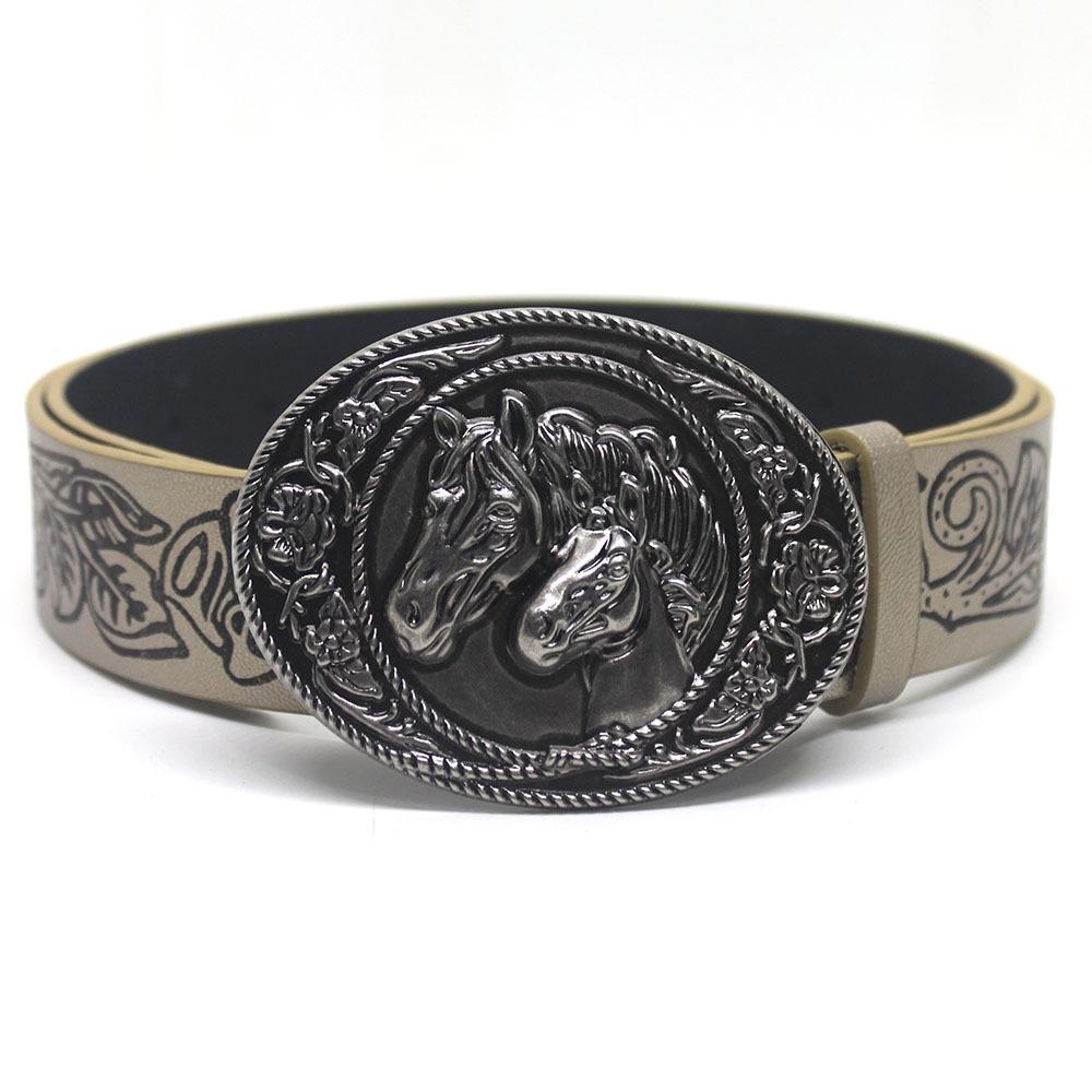 

Fashion Carved Western Cowboy Belt Luxury Design Horse Buckle Embossed Belt Trendy Brand Jeans Pants Belt For Women Man серебряный