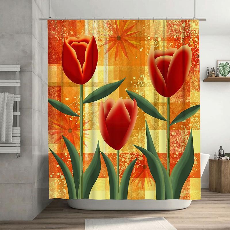 

Tulip Shower Curtain Red Flower Design Polyester Waterproof Bathroom Decor With Yellow Orange Background Size 180X245Cm W60H190(CM)-1 Pcs