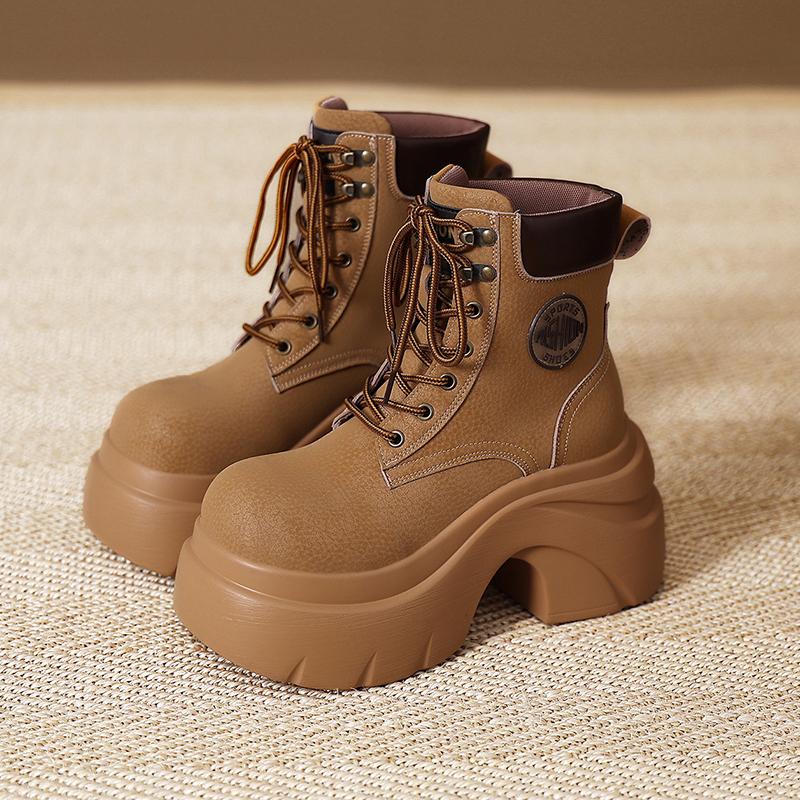 Mode Damen Neue Herbst Winter Leder Stiefeletten 9CM Klobige Absätze Motorradstiefel Frau Dicke Sohle Hohe Plateau Kurze Stiefeletten