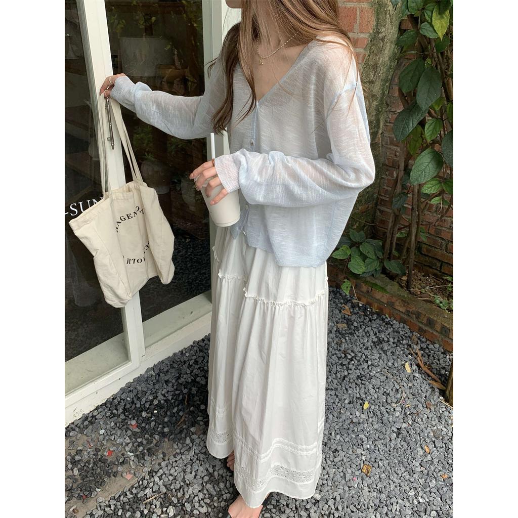 Temperament V-neck atmosphere summer thin ins bamboo hemp sunscreen jacket long-sleeved knitted top women's cardigan