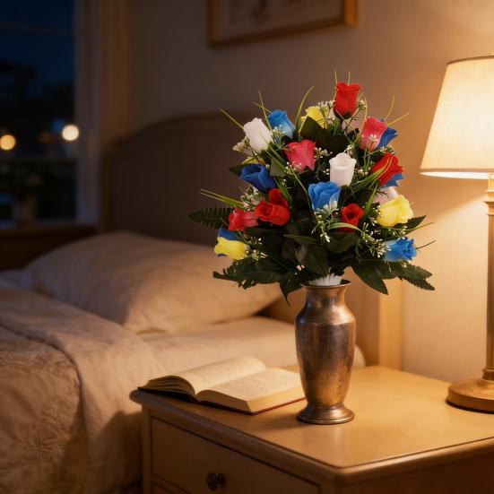 2 Stück künstliche Friedhofsblumen für den Außenbereich Grabstein Kunstrose mit Vase Friedhof Gedenkstrauß für Friedhofsgrabsteine Dekoration