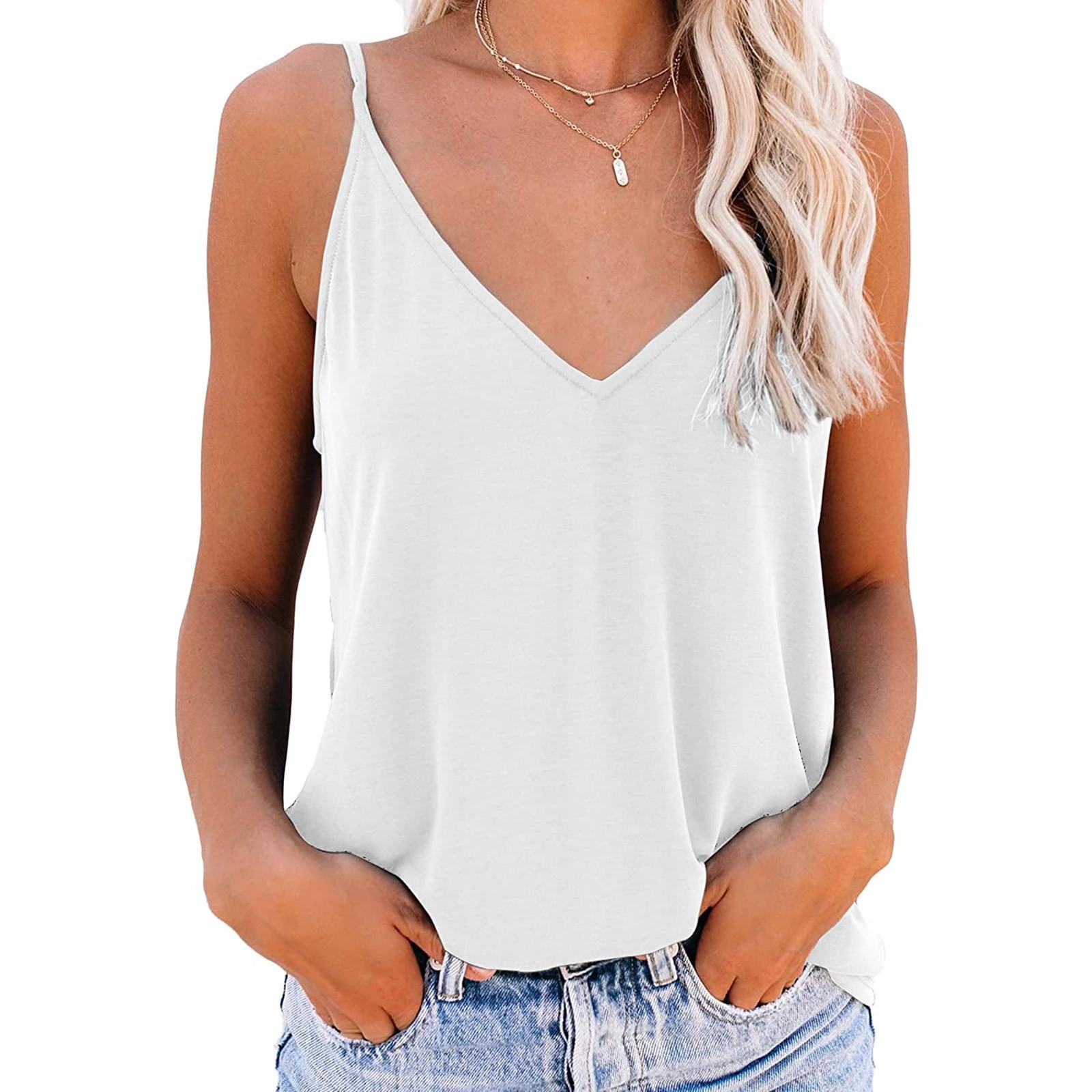Women V-Neck Strappy Tank Tops Loose Casual Sleeveless Shirts Blouses Camisoles XXL белый