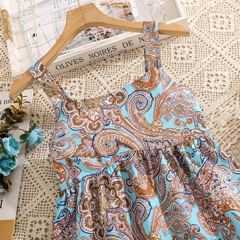 Vacation-Style Floral Print Suspender Dress Summer Girls' Clothing Backless Dress Waist-Cinching Beach Dress