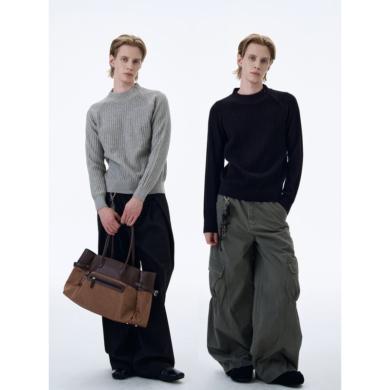 Kisko American Retro Diagonal Zipper Ribbed Knit Top for Men and Women, Simple Casual Half-High Collar Short Top